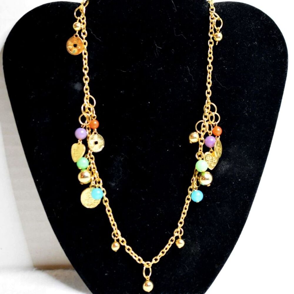 Nostalgic Multi Color Bead & Charm Clustered Gold Tone Link Chain 20" Necklace